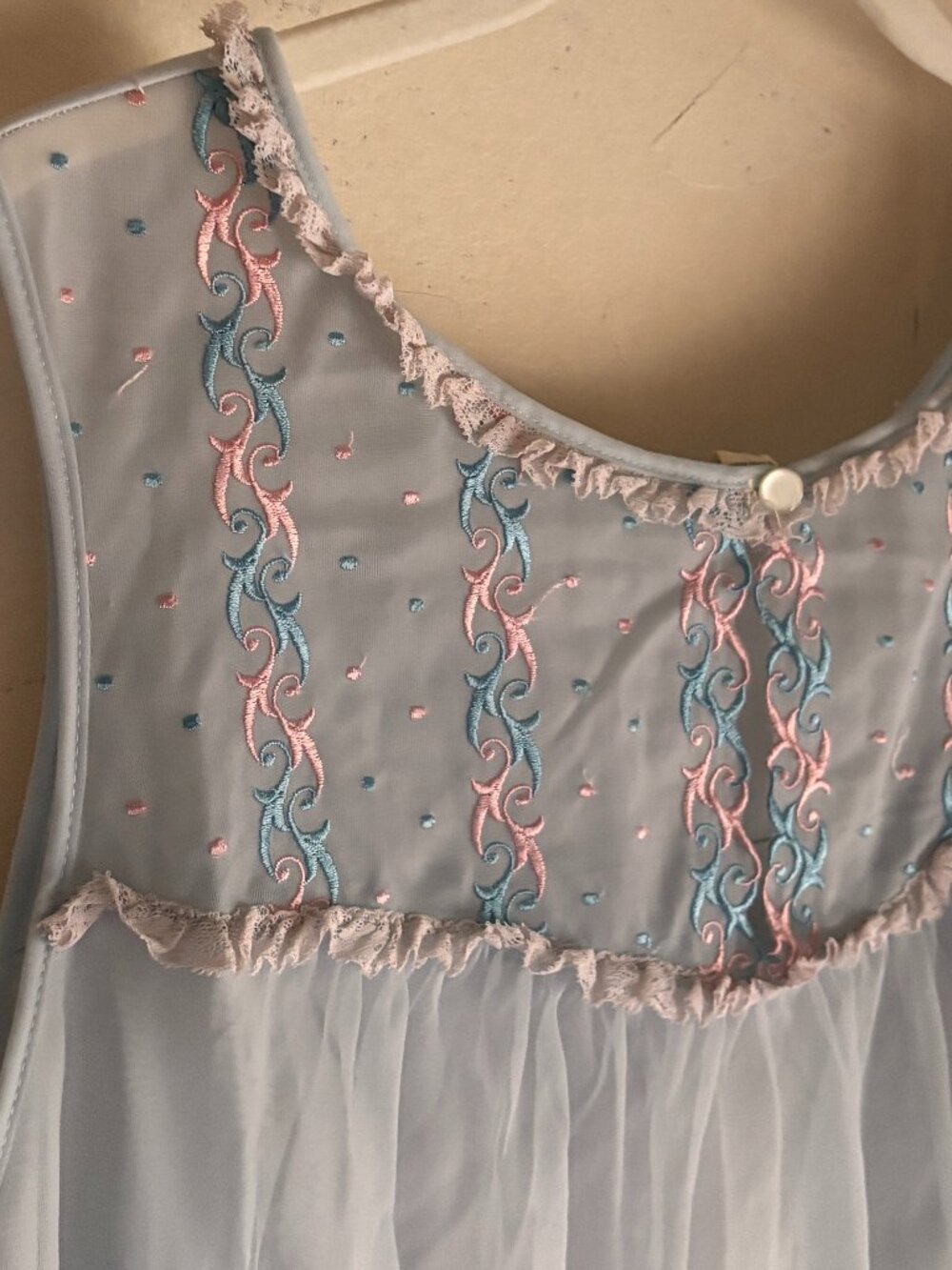 Vintage Blue Sheer Nightgown Embroidered Yoke Cottagecore Prairie Sleep Dress